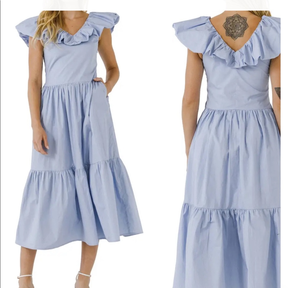 English Factory Ruffle Midi Dress- Powder Blue
